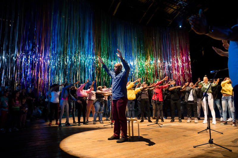 Baritone Jorell Williams and Vy Higginsen’s Sing Harlem Choir in an “Upright” performance as part of Park Avenue Armory’s presentation of The Let Go, an immersive performance and installation by Nick Cave